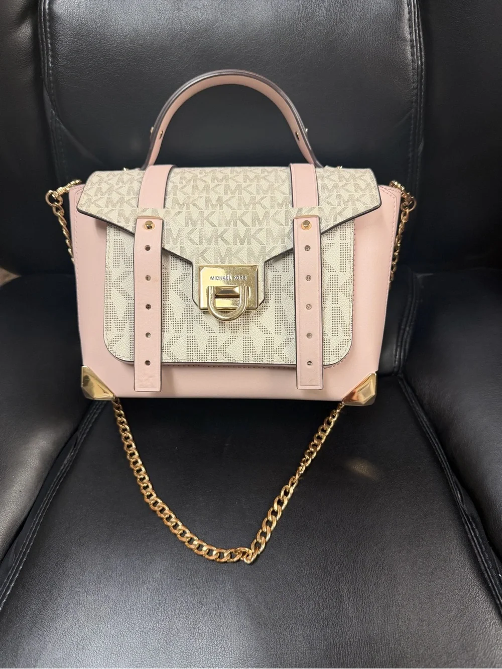Michael Kors Pink and Logo Canvas Satchel with Gold Chain Strap